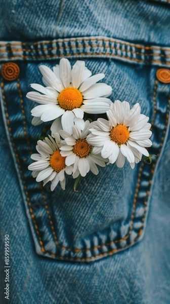 Fototapeta Chamomile flowers in the pocket of your clothes. A small bouquet of field daisies in the back pocket of blue trousers.