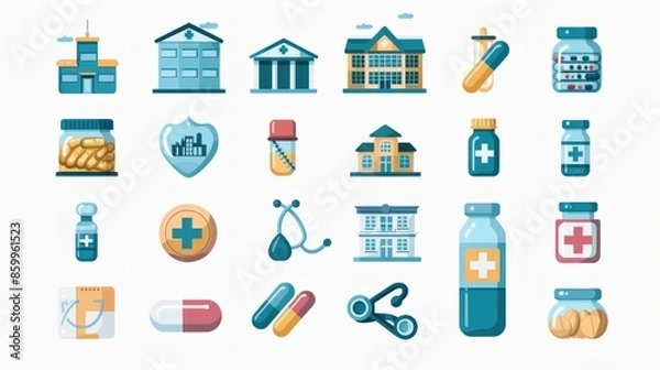 Obraz A set of 2D health and medical icons featuring hospital buildings, health examinations, and various medications. These icons are suitable for use in healthcare apps, websites, and educational