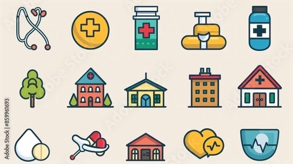 Fototapeta A detailed set of 2D health and medical icons that includes hospital buildings, medical exams, and medication symbols. These icons are ideal for use in health apps, websites, and printed materials.