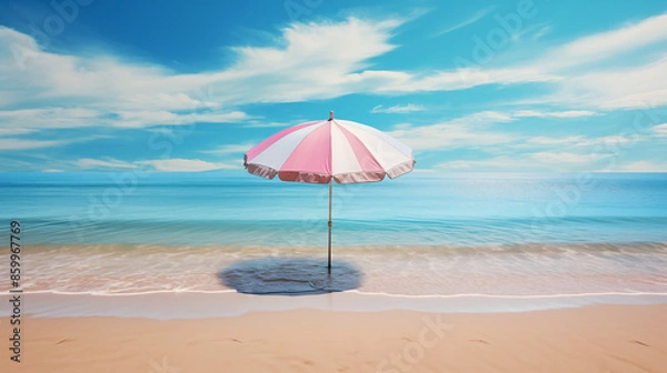Fototapeta Serene beach with gentle waves with a colorful umbrella placed on the under warm natural lighting.