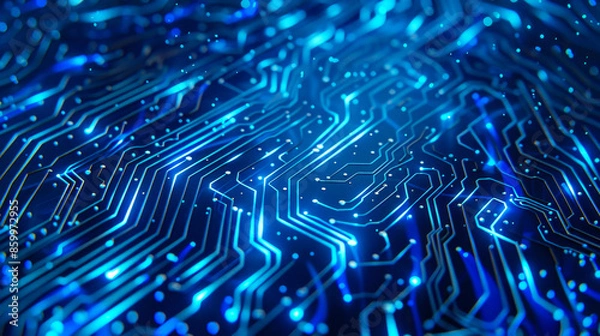 Fototapeta Close-up of a glowing blue circuit board, representing technology, digital networks, and electronic components. Perfect for tech visuals.