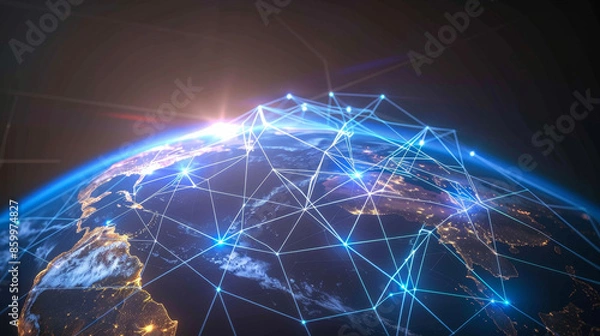 Obraz Global network connection concept with glowing nodes and data paths over the Earth, visualizing international connectivity and digital communications.