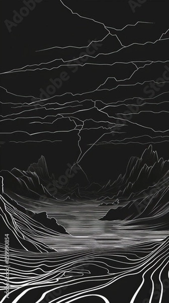 Fototapeta A brooding landscape with stark, jagged lines. ,Dark Color light ,vectorline design , illustration , Mobile Wallpaper
