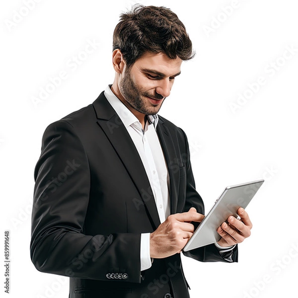 Fototapeta Businessman in a suit using a digital tablet, isolated on white background. Professional and modern business concept.