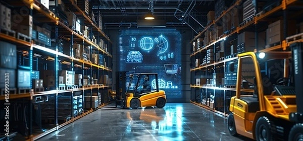 Obraz Forklift doing storage in warehouse by artificial intelligence automation. Robotics applied to industrial logistics.