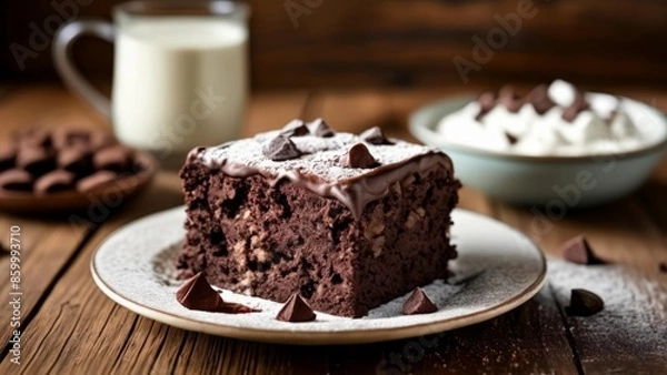 Fototapeta  Indulgence in a slice  Chocolate cake with whipped cream and chocolate shavings