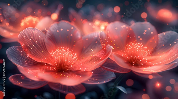 Fototapeta 3D render of glowing red flowers, with sparkling petals and vibrant colors