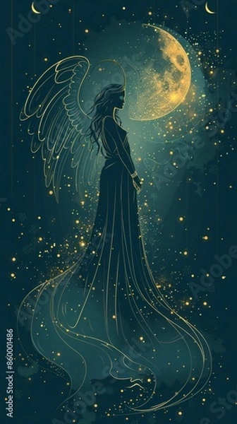 Obraz Moonlit angel reflecting the nurturing essence of Cancer. ,Dark Color light ,vectorline design , illustration , Mobile Wallpaper