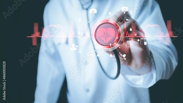 Fototapeta Cardiologist doctor examine patient heart functions and blood vessel on virtual interface. Medical technology and healthcare treatment to diagnose heart disorder and disease of cardiovascular system.