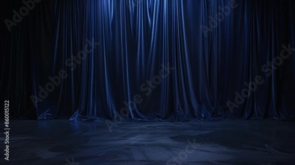 Fototapeta a navy blue studio backdrop canvas curtain, softly illuminated, low contrast, very dark, dim, low light, natural light, dark