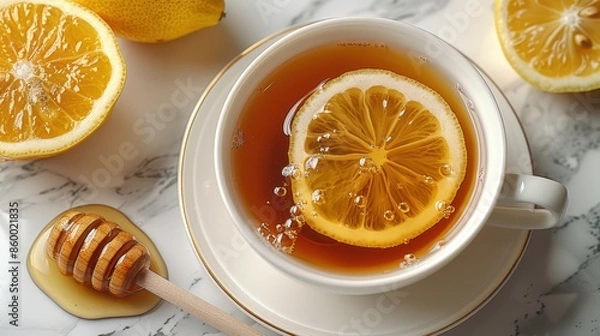 Fototapeta Delicious hot tea with lemon, honey, and fresh slices of lemon, presented on a marble surface for a refreshing and soothing drink.