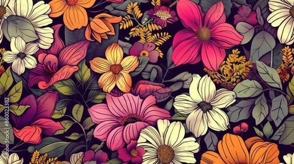 Fototapeta Circular seamless floral pattern with hand drawn elements