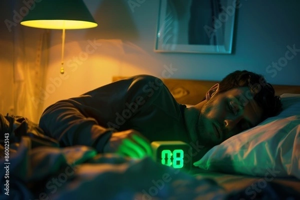 Fototapeta Man peacefully sleeping next to a digital clock showing 8 AM. The image has a warm, relaxing feel. Ideal for articles about sleep habits and morning routines. Generative AI