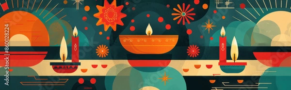 Fototapeta abstract collage of minimal symbols associated with diwali, such as diyas, fireworks, and sweets, using a clean and modern aesthetic