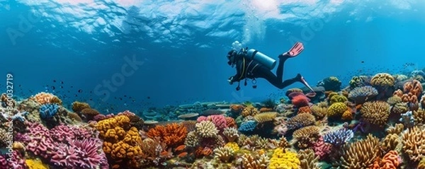Obraz A diver exploring the vibrant coral reefs and marine life of the Coral Triangle in the Pacific Ocean