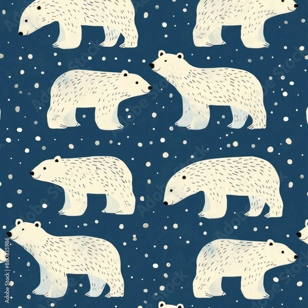 Obraz Funny winter pattern with polar bear and stars. Kids print. ai generated
