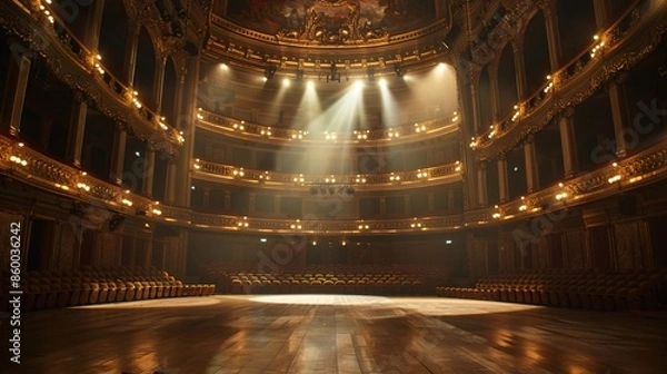 Fototapeta Wide shot of an Empty Elegant Classic Theatre with Spotlight Shot from the Stage