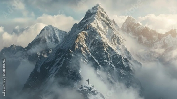 Fototapeta Majestic Snow-Capped Mountain in Misty Clouds