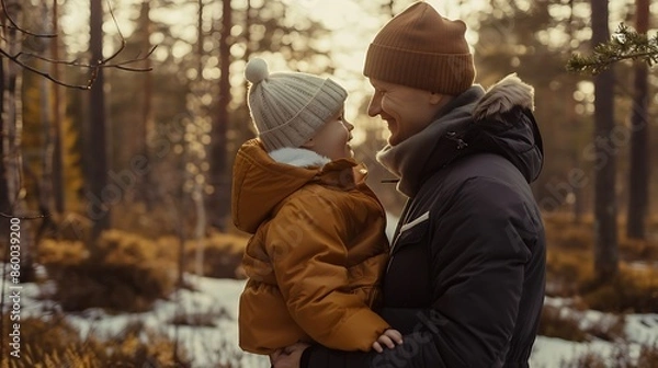 Fototapeta A cute baby and family in a minimalistic Scandinavian forest, soft natural colors, ultra HD quality