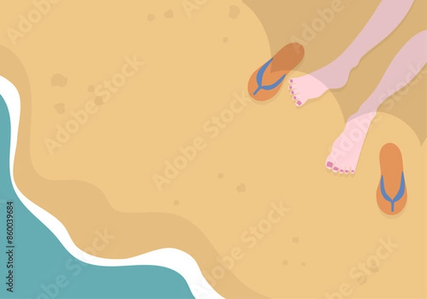 Fototapeta 波打ち際と素足とビーチサンダルのベクターイラストレーション