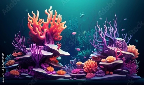 Fototapeta coral reefs ecosystem flat design side view ocean habitat 3D render Triadic color scheme