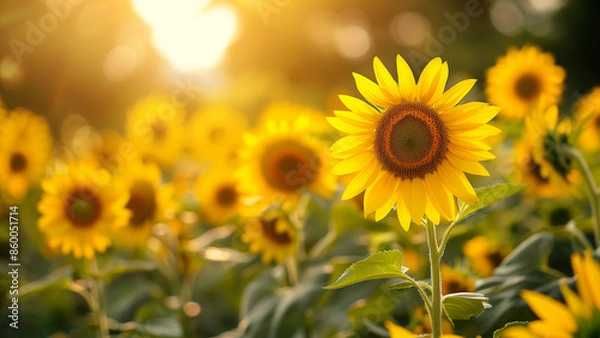 Obraz Sunflowers blooming in garden with golden sunlight