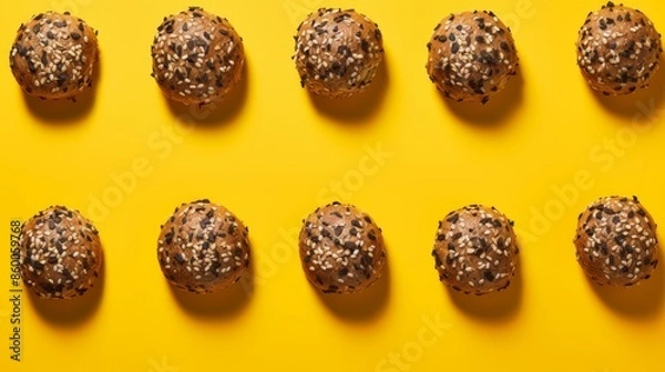 Fototapeta Top view of burgers on yellow background with ample copy space for images or text