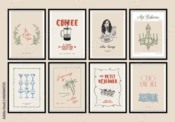 Fototapeta Minimal hand drawn vector dolce vita illustration set with aesthetic quote in a poster frame. Matisse style illustrations.	