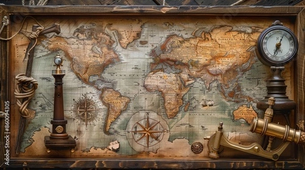 Fototapeta Nautical map with maritime routes, lighthouse, and ships, antique tools like sextant and telescope on the side