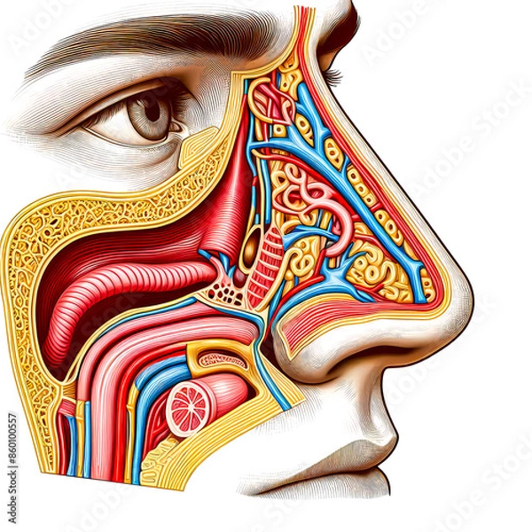 Fototapeta Vector illustration of anatomical cross-sectional lateral view of human male nasal structure on white background.