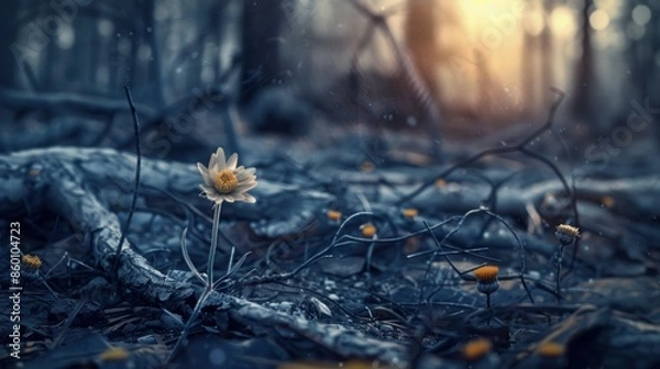 Fototapeta A solitary flower blooms amidst fallen branches in a forest at twilight, capturing a sense of resilience and beauty in nature.