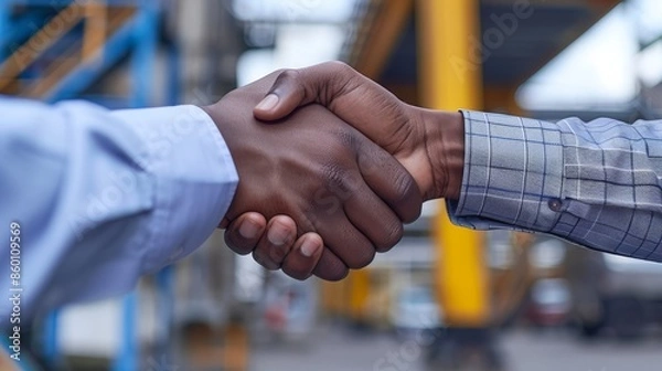 Obraz Handshaking of a business deal between black and caucasian people. Copy space. Industrial background.