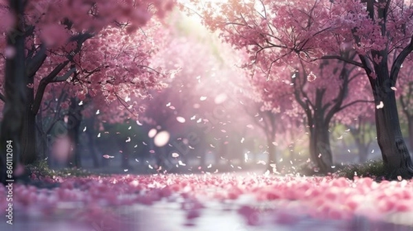 Fototapeta Beautiful cherry blossom trees in full bloom with petals falling gently. A magical, scenic view of nature's pink springtime beauty.