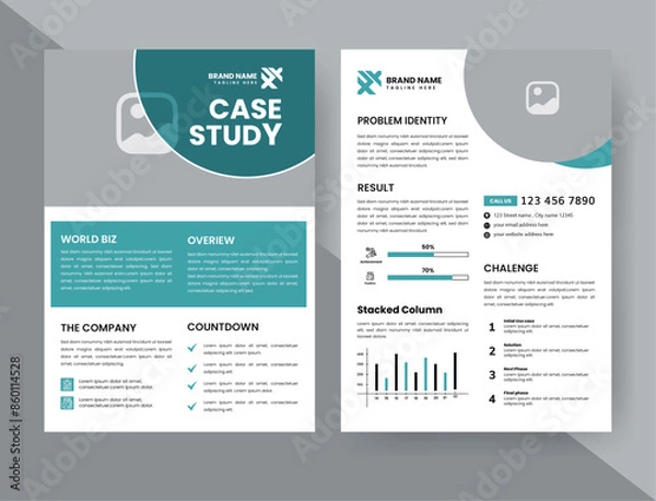 Fototapeta Case Study Layout Flyer. Minimalist Business Report with Simple Design. Sage and Black Color Accent.