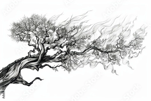 Fototapeta Abstract illustration of a twisted tree with flowing branches symbolizing movement and mysticism, rendered in black and white.