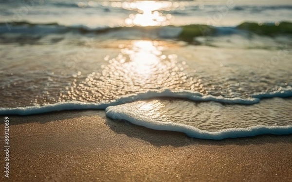 Fototapeta light reflecting sea waves Color the sandy beach with a touch of summer paradise during sunset.