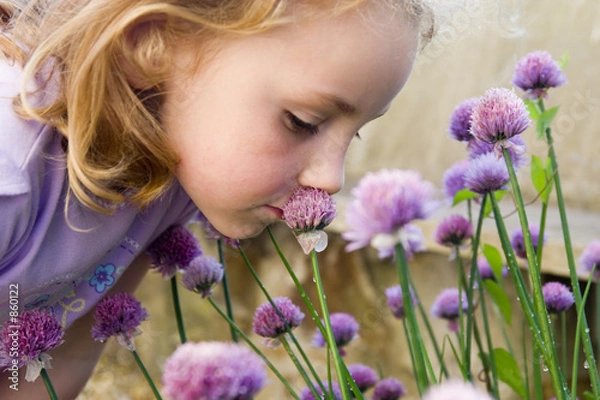Fototapeta young girl smelling flowers