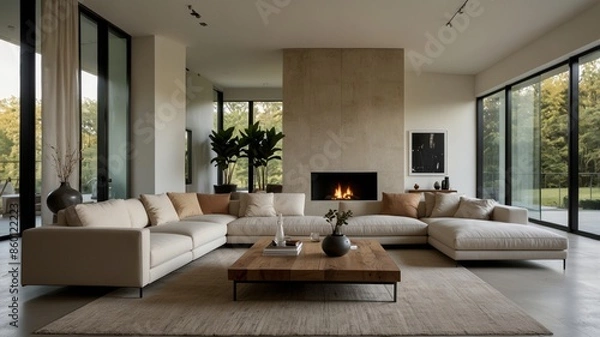 Fototapeta minimalist living room with large windows