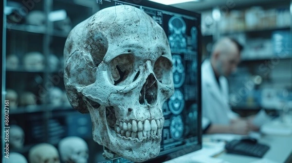 Fototapeta In a laboratory, an ancient skull comes under scientific scrutiny, its detailed structure and estimated age displayed on a crisp computer screen.
