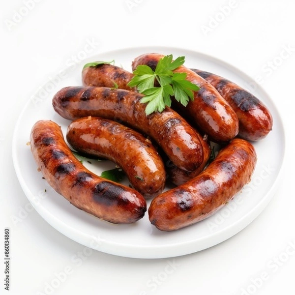 Fototapeta Grilled Sausage Links on White Plate with Fresh Parsley Garnish