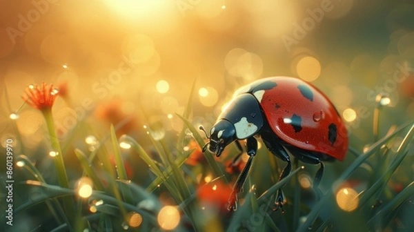 Fototapeta A close-up shot of a vibrant ladybug resting on dewy grass with light bokeh background, showcasing the beauty and detail of nature in the morning.