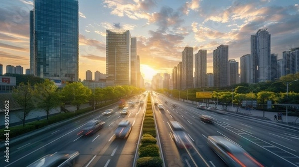 Fototapeta Cityscape with Busy Highway at Sunset