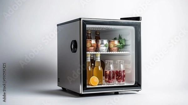 Obraz Mini Fridge with Colorful Beverages and Fruits