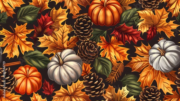 Obraz Autumn leaves, pumpkins, cones seamless background