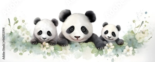Fototapeta A watercolor painting of pandas in bamboo