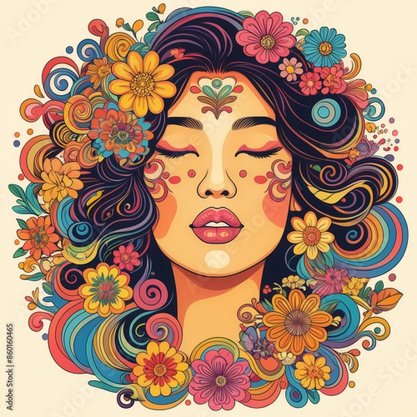 Fototapeta Colorful illustration of a woman's face embracing psychedelic 'flower power' revival, featuring vibrant colors and retro artistic vibes.