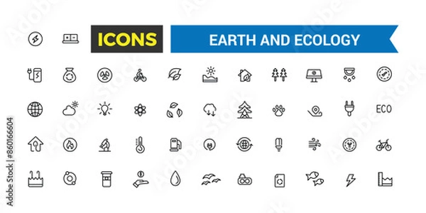 Fototapeta Earth and Ecology icon set. Outline icons pack. Editable vector icon and illustration.