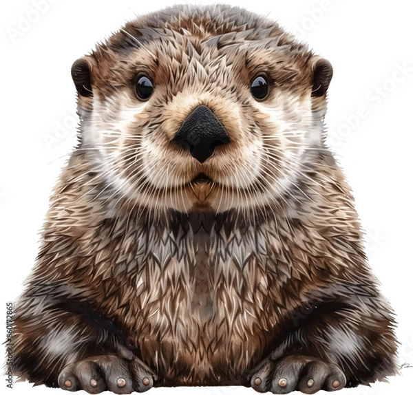 Fototapeta otter wet portrait isolated on white background, otter png no background isolated on transparent, otter half body