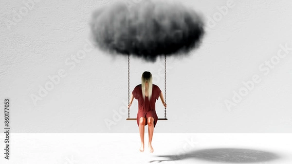 Fototapeta Young woman on swing suspended under a gray cloud.  Image is 3d rendered.