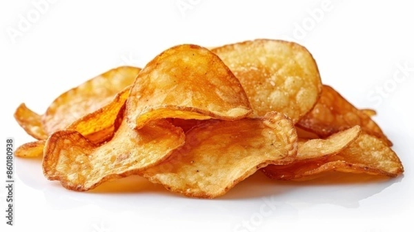 Fototapeta A close-up image of crispy, golden potato chips, lightly salted and arranged against a clean, white background, showcasing their texture and crunchiness.
